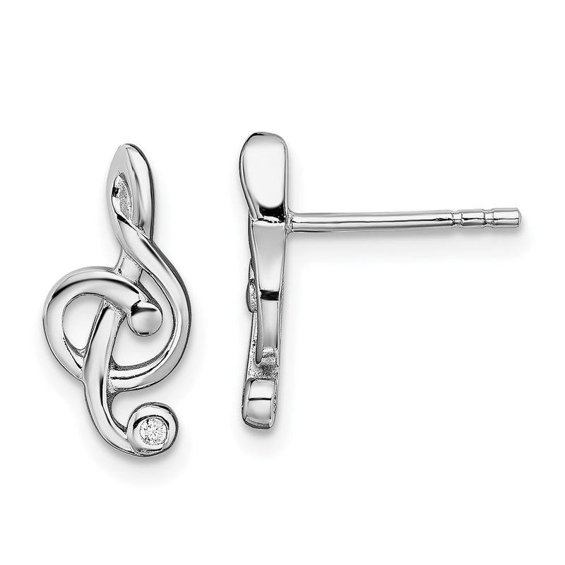 Sterling Silver Rhodium-Plated Cz Treble Clef Post Earrings