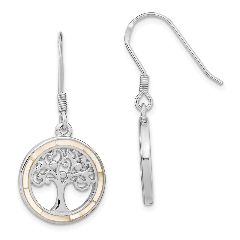 Sterling Silver Rhodium-Plated White Mop Tree Of Life Earrings