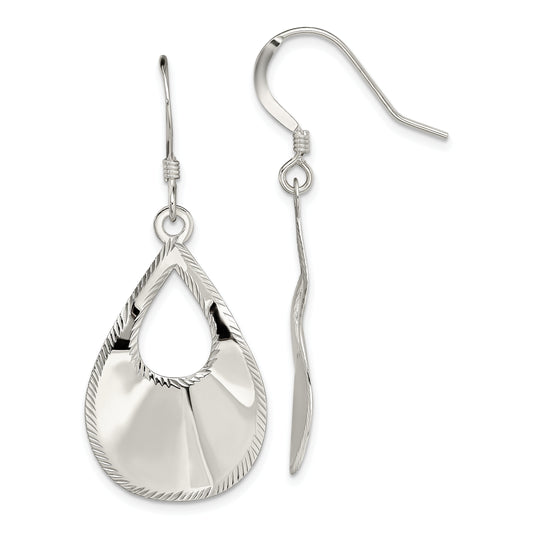 Sterling Silver Polished & Laser-Cut Teardrop Dangle Earrings