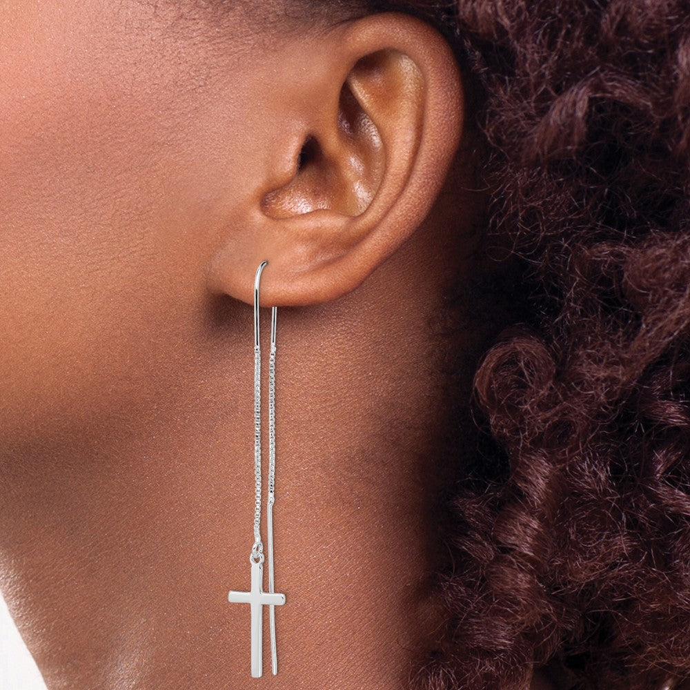 Sterling Silver Rhodium-Plated Polished Latin Cross Threader Earrings