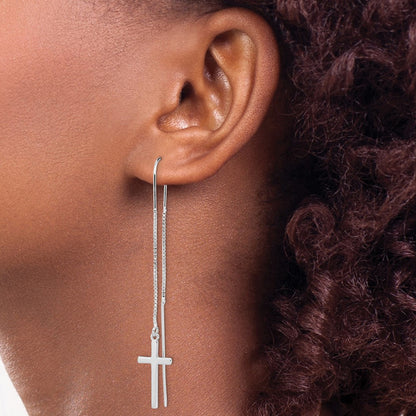 Sterling Silver Rhodium-Plated Polished Latin Cross Threader Earrings