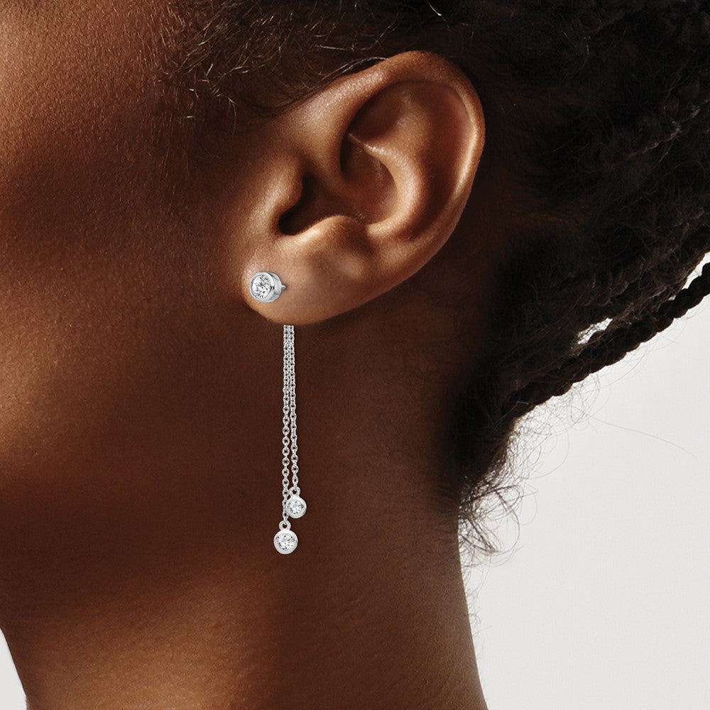 Sterling Silver Rh-Plated Cz & Chain Front Back Post Dangle Earrings