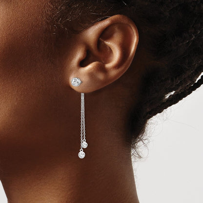 Sterling Silver Rh-Plated Cz & Chain Front Back Post Dangle Earrings