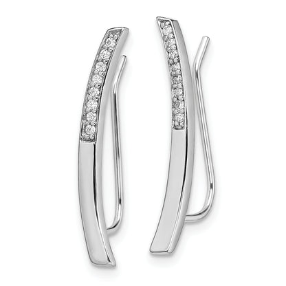 Sterling Silver Rhodium-Plated Polished Cz Curved Bar Ear Climber Earrings
