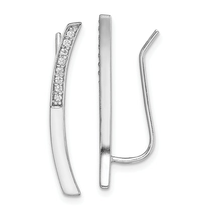 Sterling Silver Rhodium-Plated Polished Cz Curved Bar Ear Climber Earrings