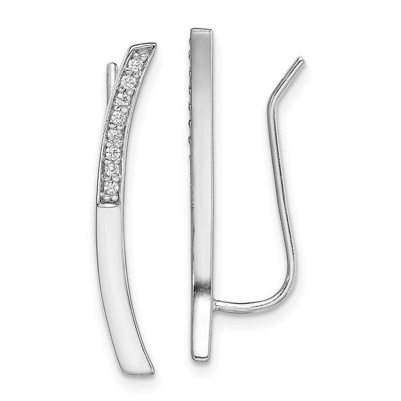 Sterling Silver Rhodium-Plated Polished Cz Curved Bar Ear Climber Earrings