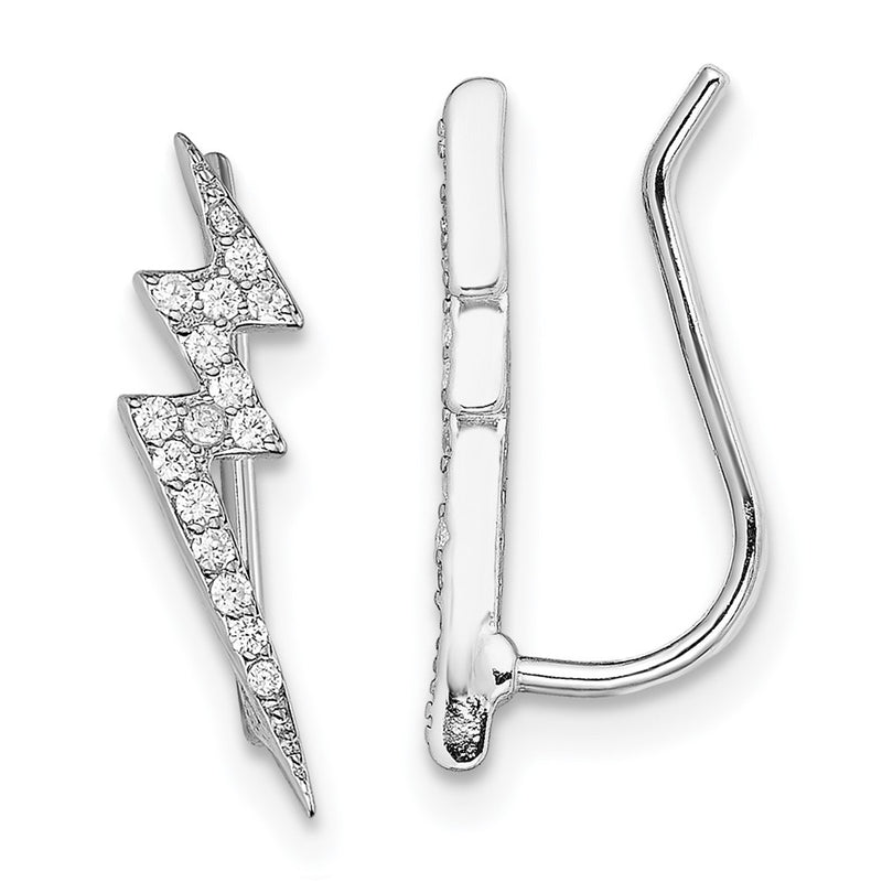 Sterling Silver Rhodium-Plated Polished Cz Lightning Bolt Ear Climber Earri