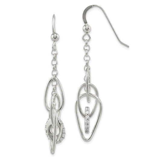 Sterling Silver Polished Cz Teardrop Dangle Shepherd Hook Earrings