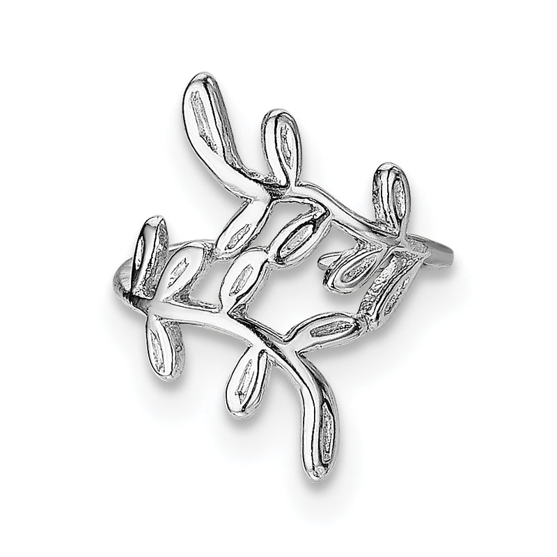 Sterling Silver Rhod-Plated Polished & Textured Leaf Single Cuff Earring