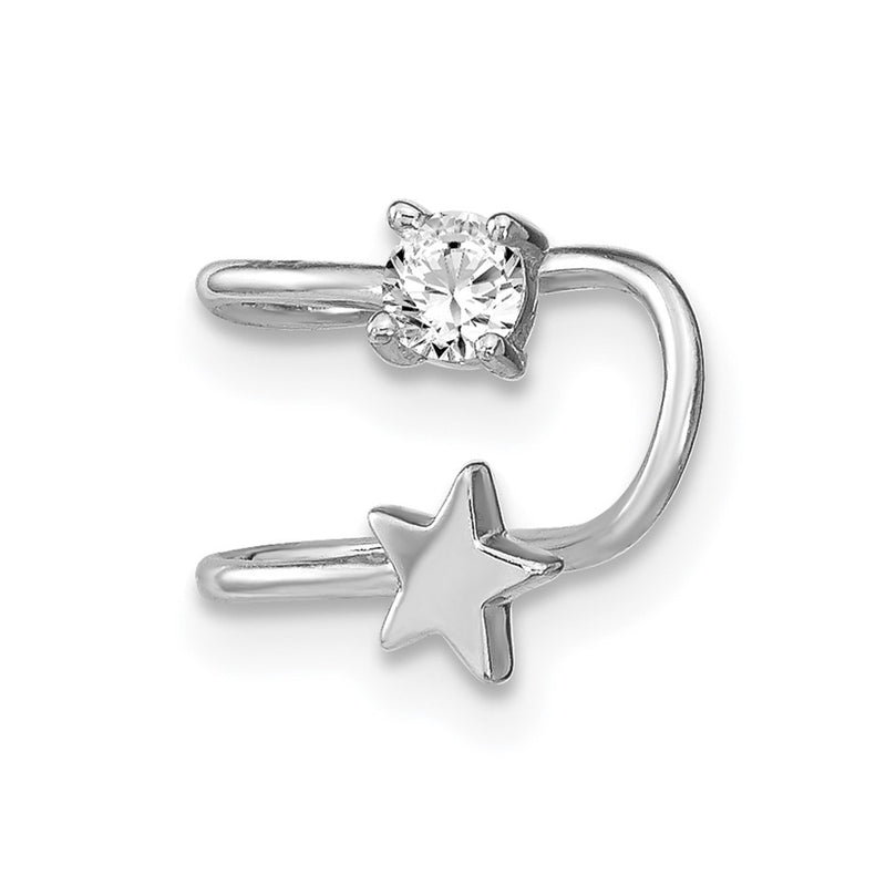 Sterling Silver Rhodium-Plated Polished Cz & Star Single Cuff Earring