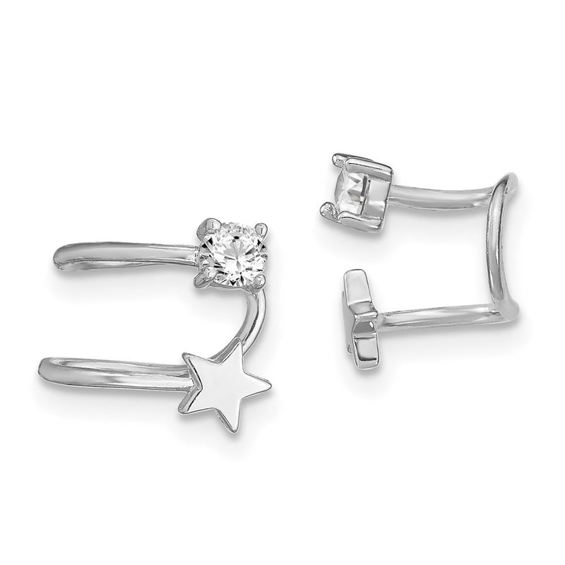 Sterling Silver Rhodium-Plated Polished Cz & Star Single Cuff Earring