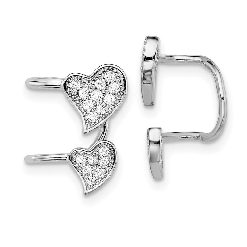 Sterling Silver Rhodium-Plated Polished Cz Double Heart Right Cuff Earring