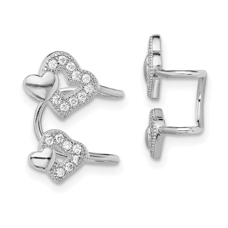 Sterling Silver Rhodium-Plated Polished Cz Hearts Left Cuff Earring