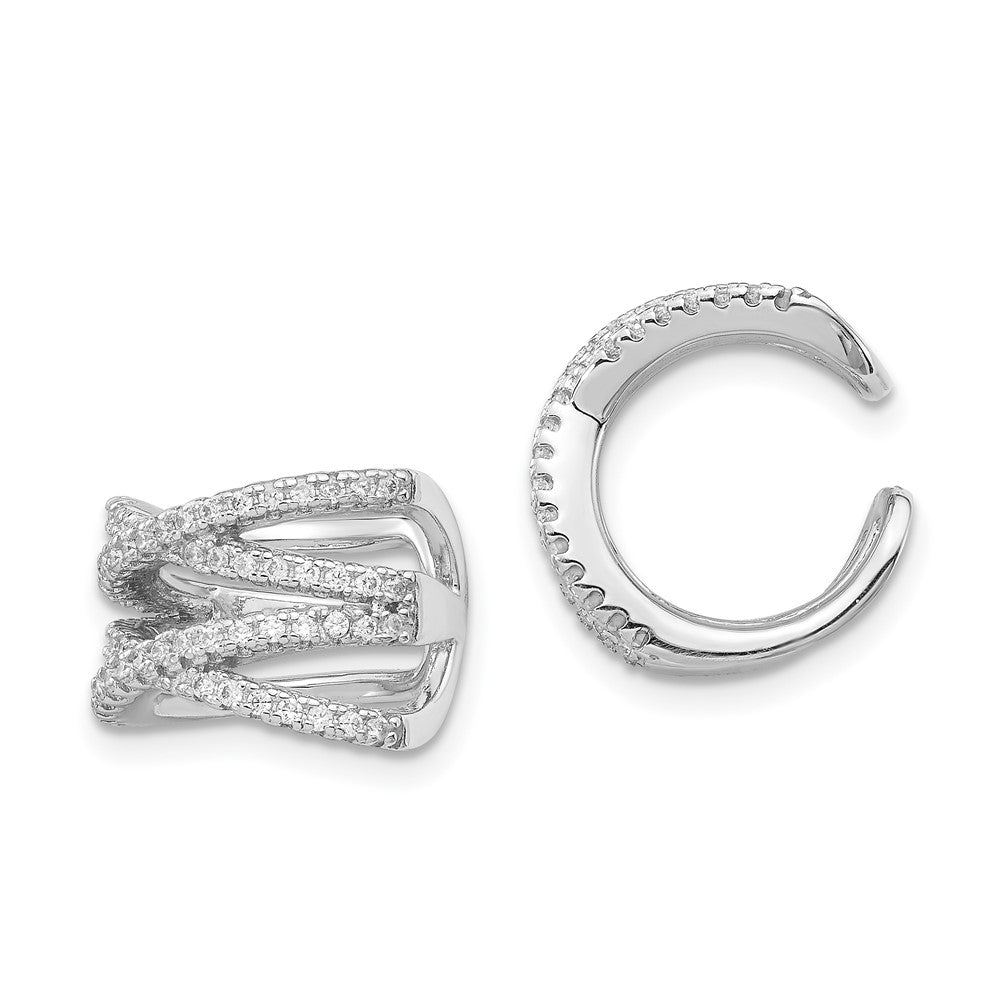 Sterling Silver Rhodium-Plated Polished Cz Double 'X' Single Cuff Earring