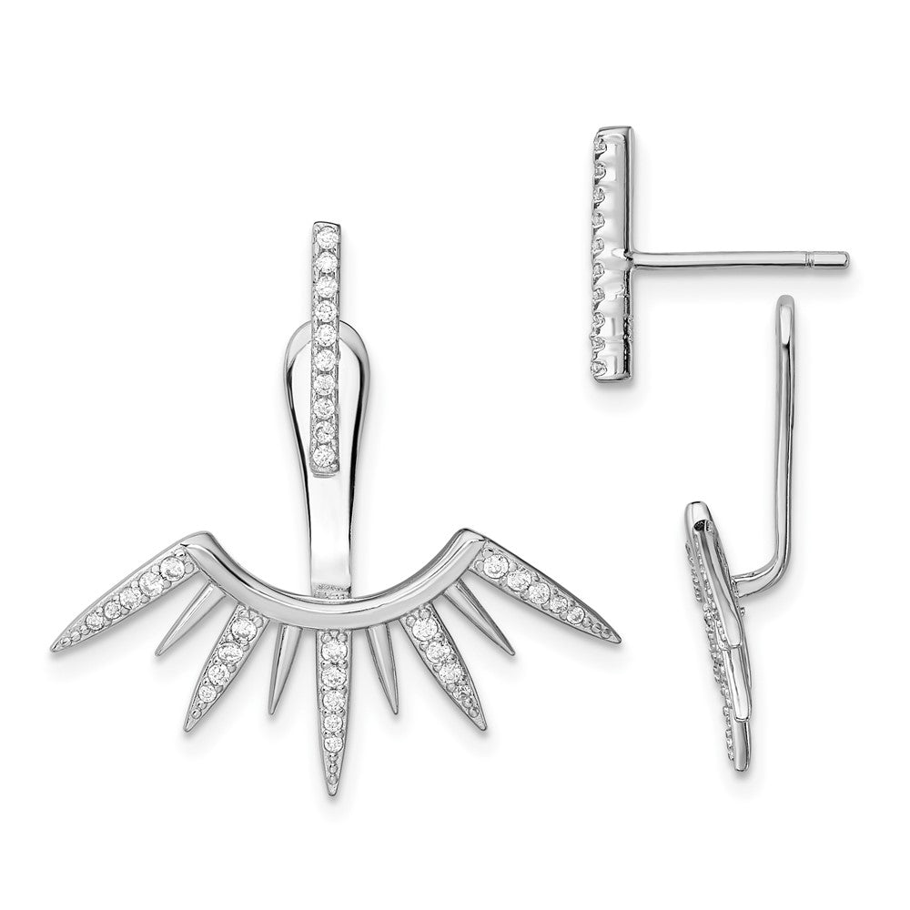 Sterling Silver Rhodium-Plated Cz Bar & Spikes Front Back Post Earrings