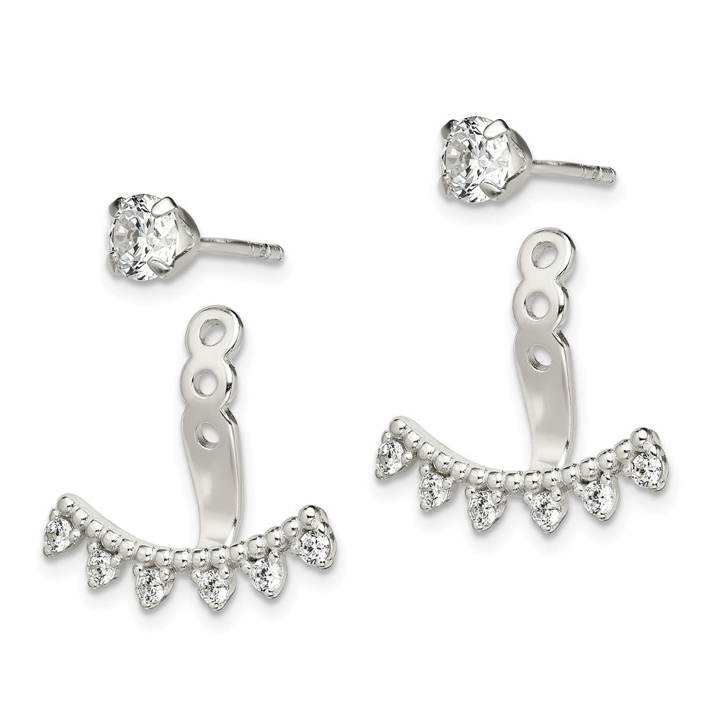 Sterling Silver Polished Beaded Curve & Cz Front Back Post Earrings
