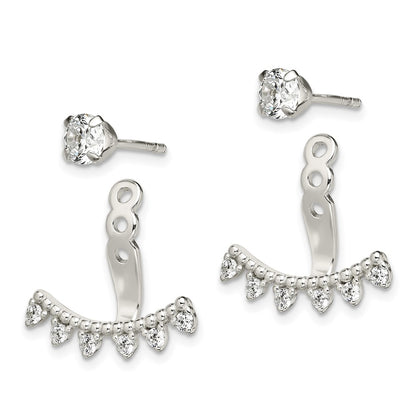 Sterling Silver Polished Beaded Curve & Cz Front Back Post Earrings