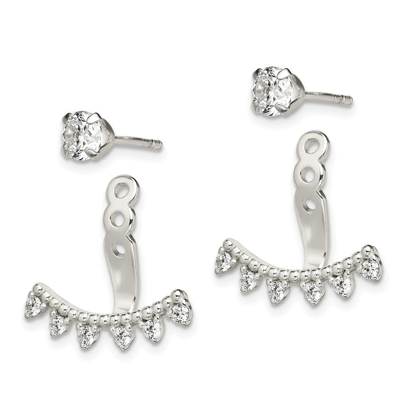 Sterling Silver Polished Beaded Curve & Cz Front Back Post Earrings