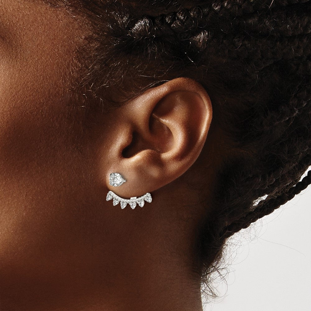 Sterling Silver Polished Beaded Curve & Cz Front Back Post Earrings
