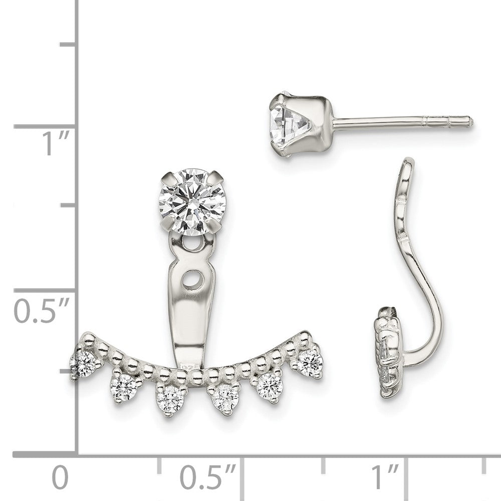 Sterling Silver Polished Beaded Curve & Cz Front Back Post Earrings