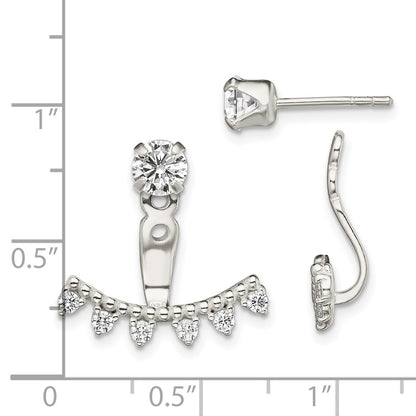 Sterling Silver Polished Beaded Curve & Cz Front Back Post Earrings