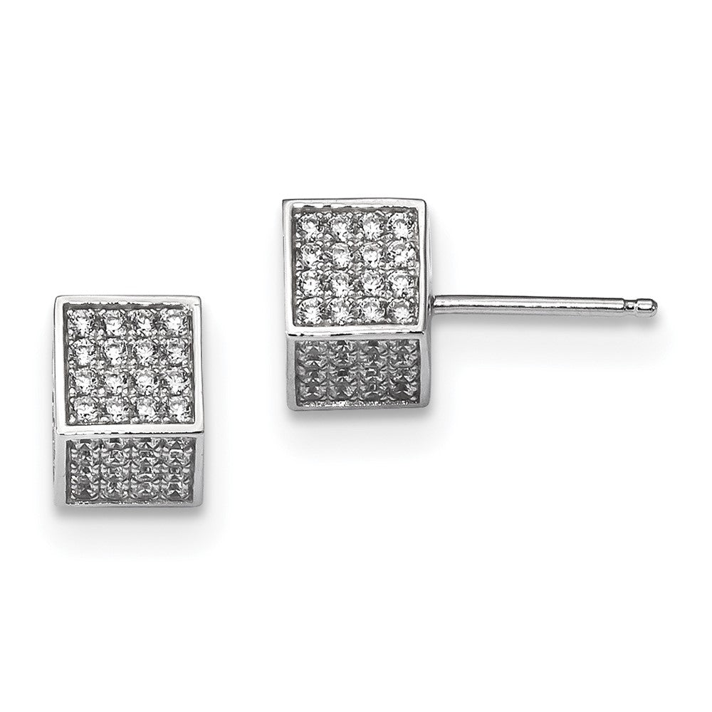 Sterling Silver Rhodium-Plated Cz 3D Square Post Earrings