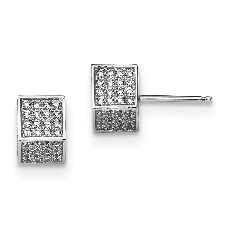 Sterling Silver Rhodium-Plated Cz 3D Square Post Earrings