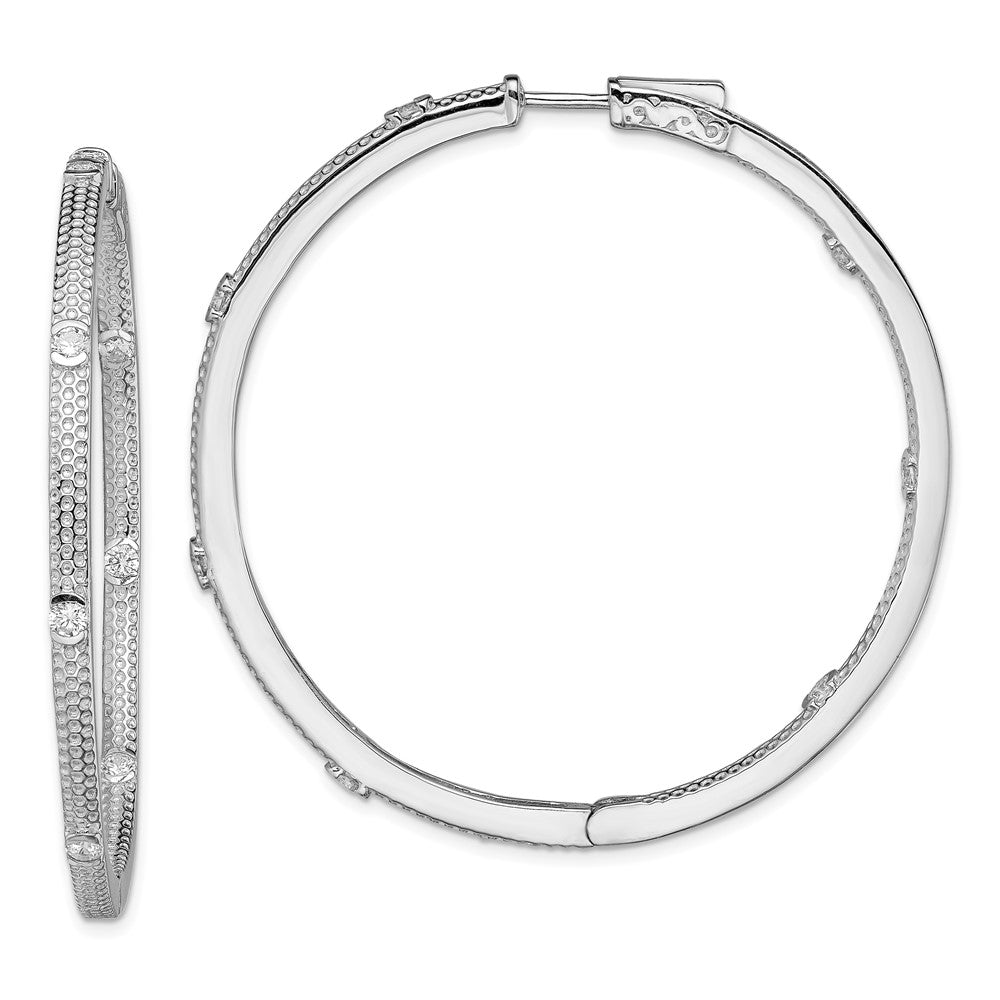 Sterling Silver Rhod-Plated Cz In/Out Round Hinged Hoop Earrings
