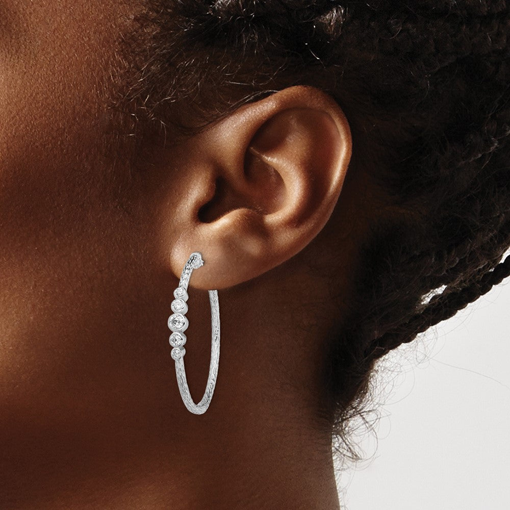 Sterling Silver Rhodium-Plated Cz Textured Hoop Earrings