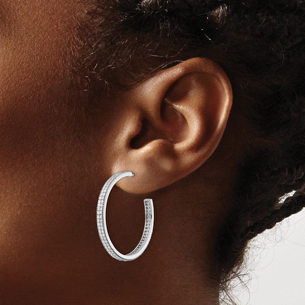 Sterling Silver Rhodium-Plated Cz 30X3mm Hoop Earrings