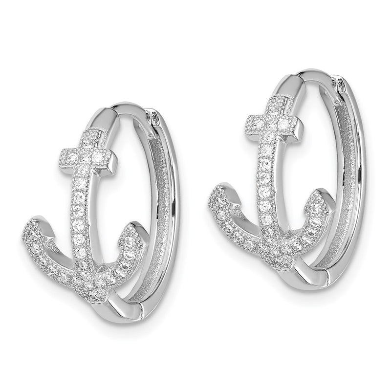 Sterling Silver Rhodium-Plated Cz Anchor Hinged Earrings