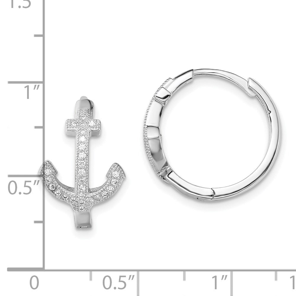 Sterling Silver Rhodium-Plated Cz Anchor Hinged Earrings