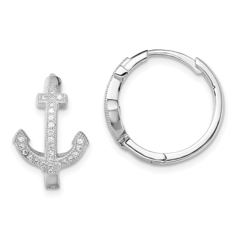 Sterling Silver Rhodium-Plated Cz Anchor Hinged Earrings
