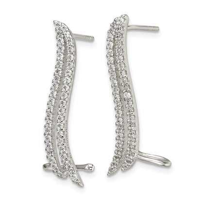 Sterling Silver Polished Cz Double Row Post & Cuff Ear Climber Earrings