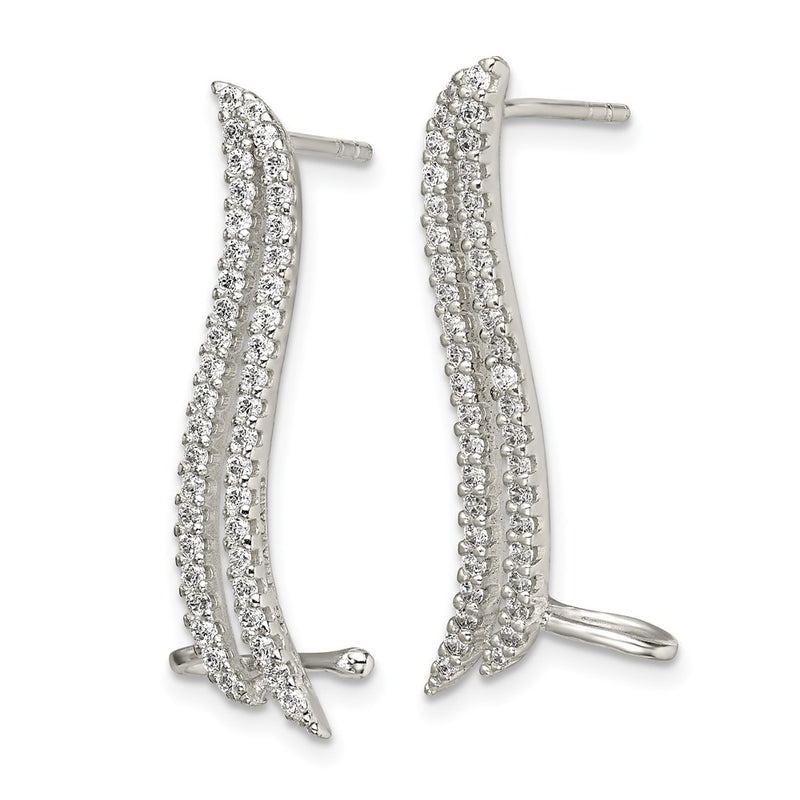 Sterling Silver Polished Cz Double Row Post & Cuff Ear Climber Earrings