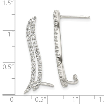 Sterling Silver Polished Cz Double Row Post & Cuff Ear Climber Earrings