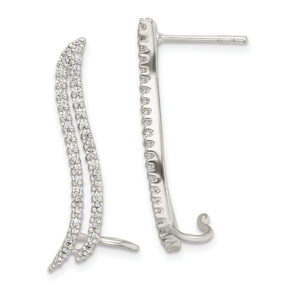 Sterling Silver Polished Cz Double Row Post & Cuff Ear Climber Earrings