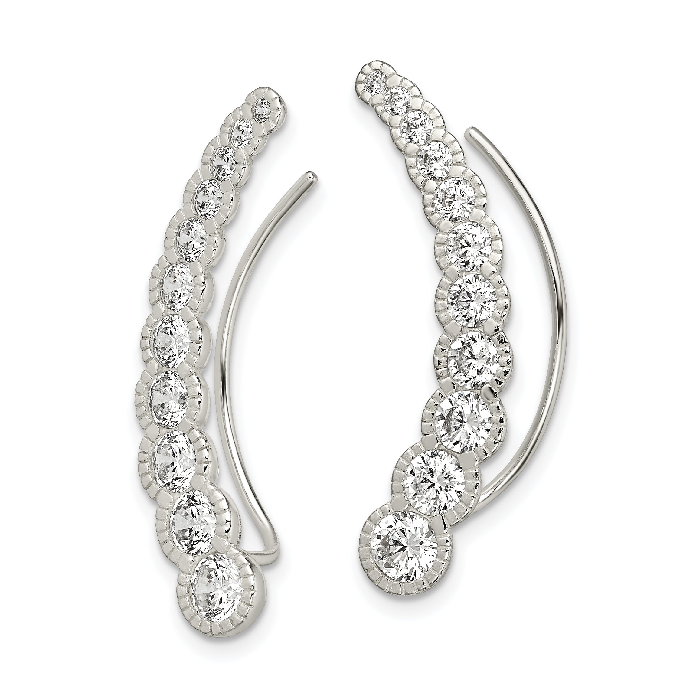 Sterling Silver Polished & Textured Graduated Cz Ear Climber Earrings