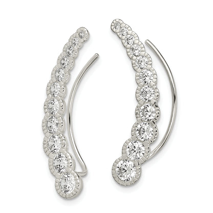 Sterling Silver Polished & Textured Graduated Cz Ear Climber Earrings