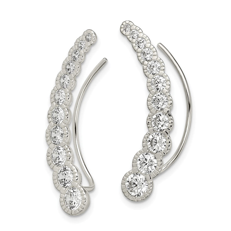 Sterling Silver Polished & Textured Graduated Cz Ear Climber Earrings