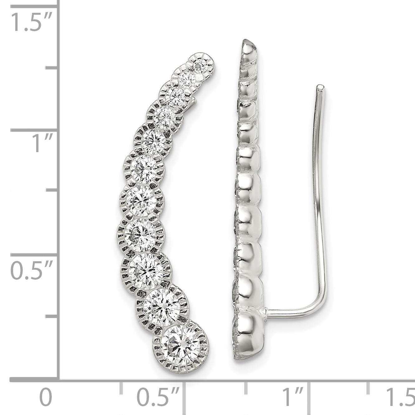 Sterling Silver Polished & Textured Graduated Cz Ear Climber Earrings