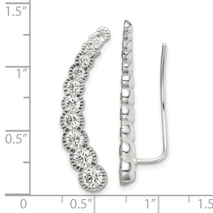 Sterling Silver Polished & Textured Graduated Cz Ear Climber Earrings
