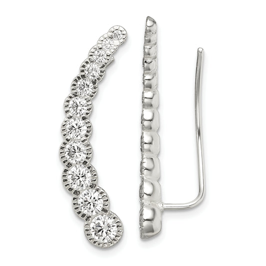 Sterling Silver Polished & Textured Graduated Cz Ear Climber Earrings