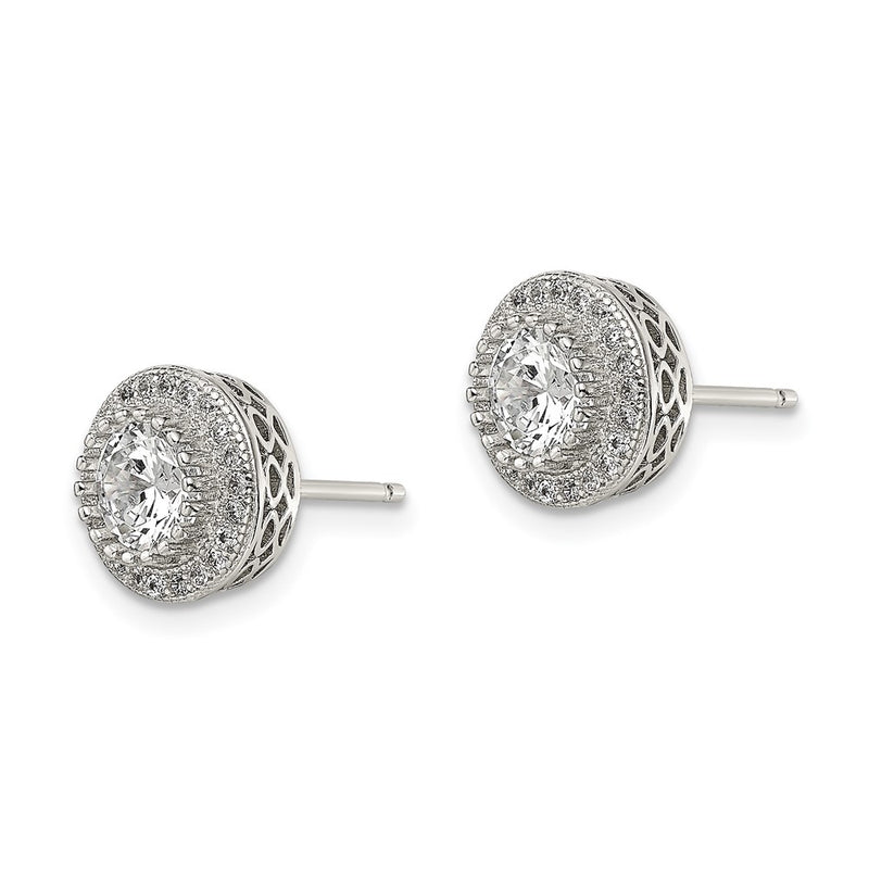 Sterling Silver Rhod-Plated Polished Pav Cz Halo Round Post Earrings