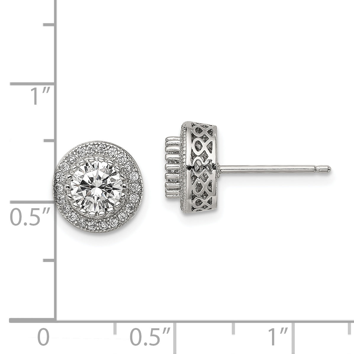 Sterling Silver Rhod-Plated Polished Pav Cz Halo Round Post Earrings
