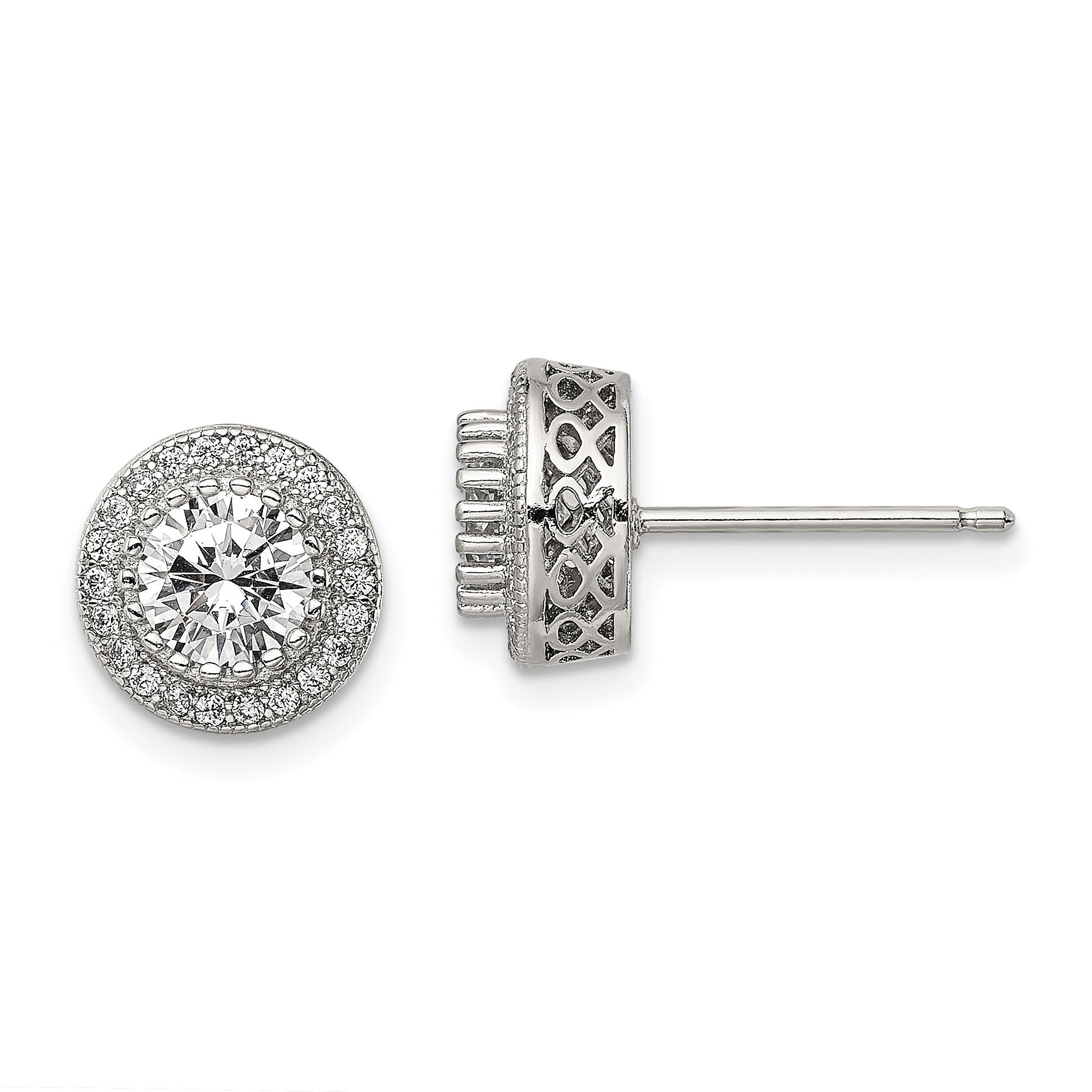 Sterling Silver Rhod-Plated Polished Pav Cz Halo Round Post Earrings