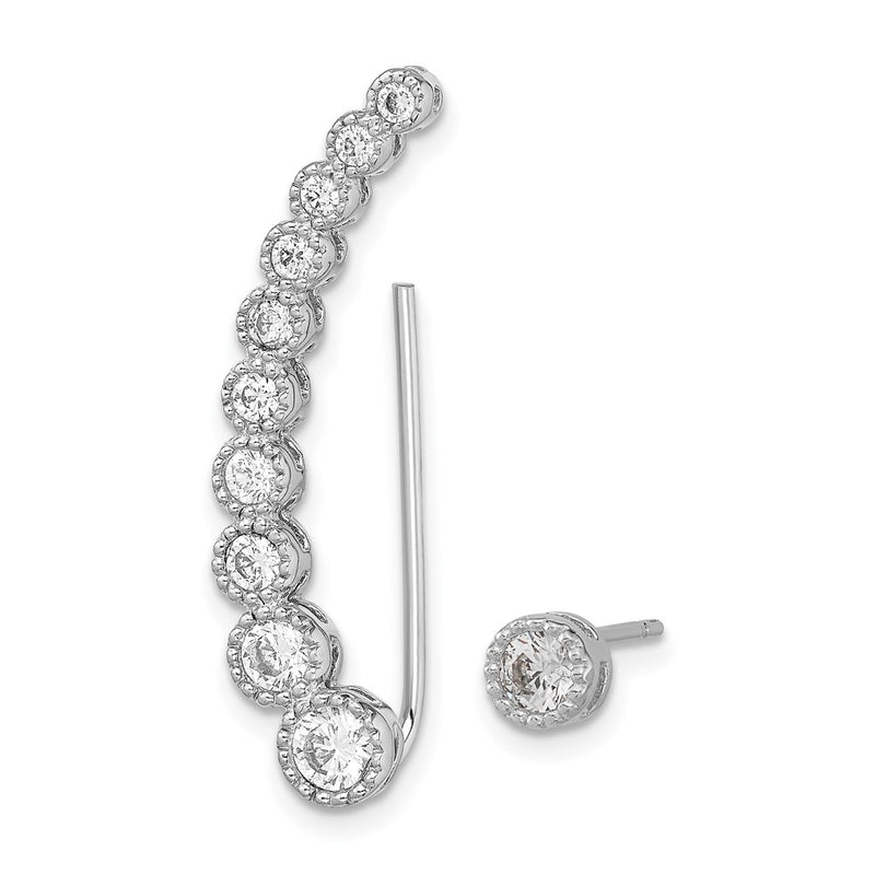 Sterling Silver Rh-Plated Polished & Textured Cz 1 Ear Climber Stud