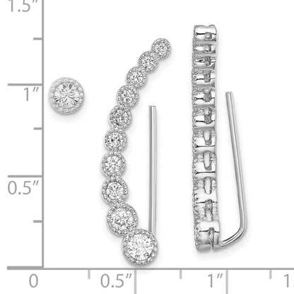 Sterling Silver Rh-Plated Polished & Textured Cz 1 Ear Climber Stud