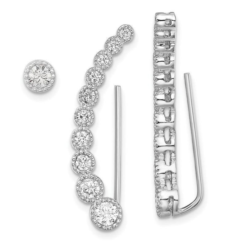 Sterling Silver Rh-Plated Polished & Textured Cz 1 Ear Climber Stud