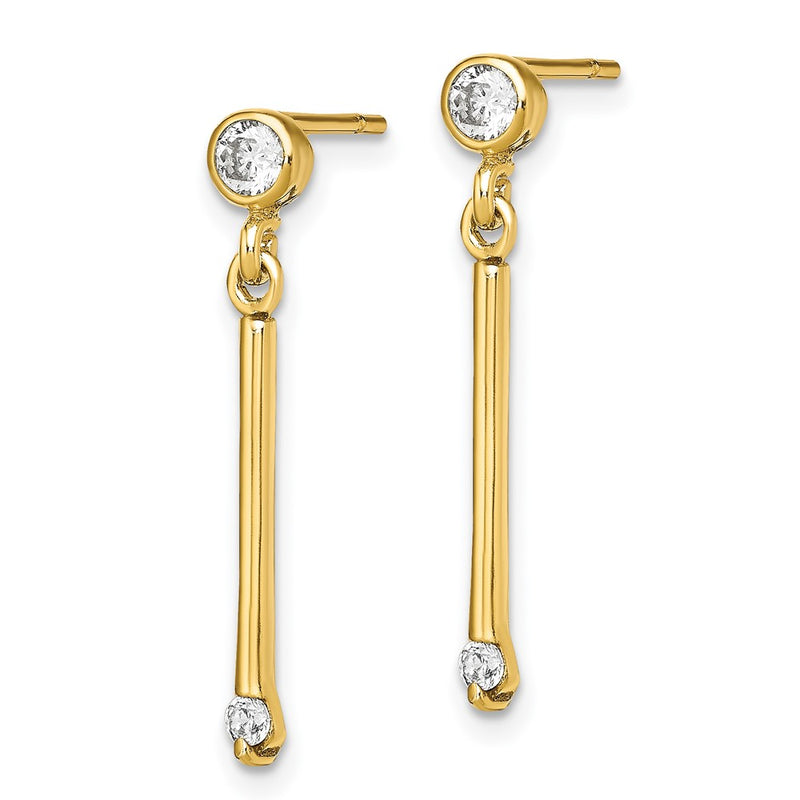 Sterling Silver Gold-Tone Polished Bar W/ Cz Post Dangle Earrings